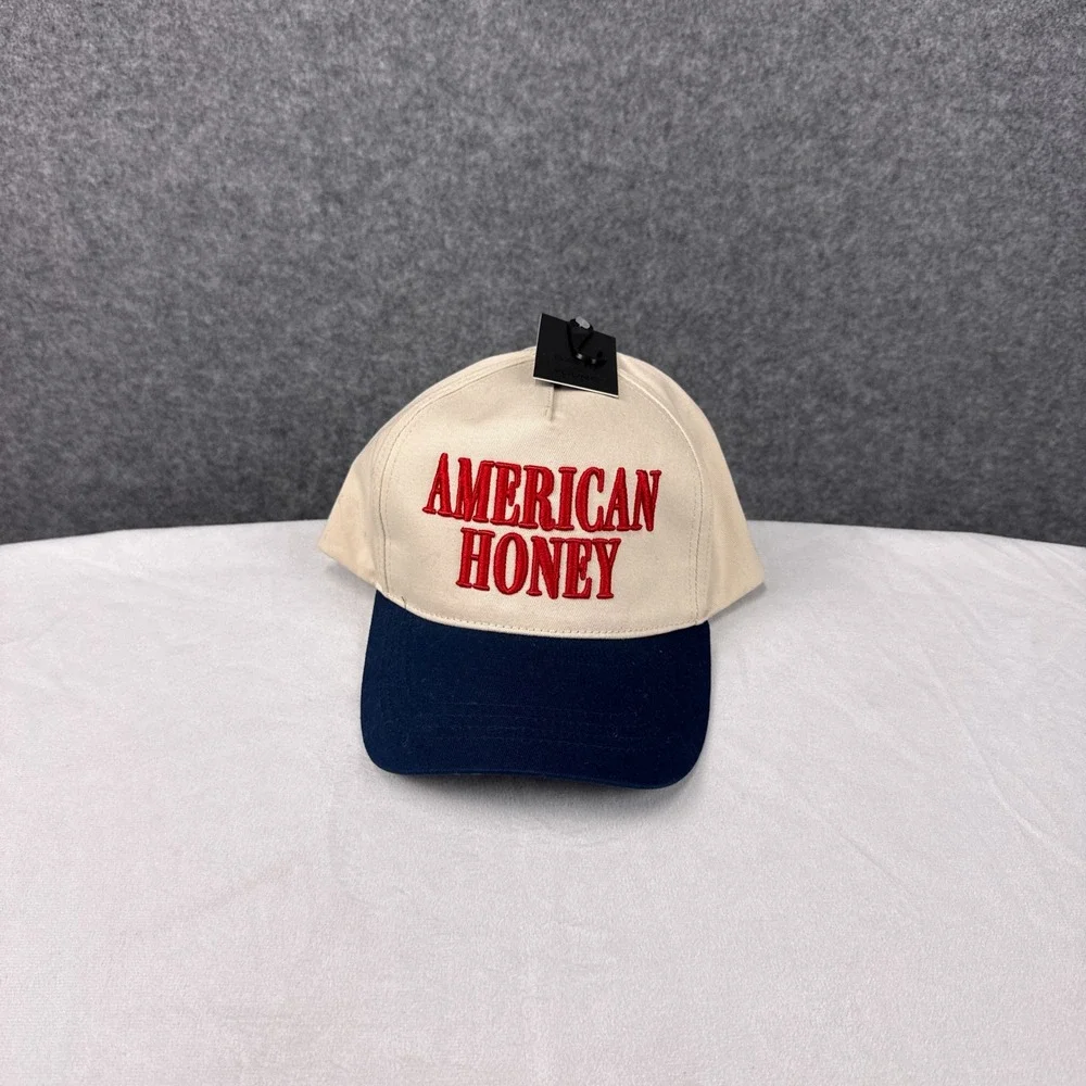 David and Young American Honey Trucker Hat OSFM Beige Navy Blue Cotton Snapback